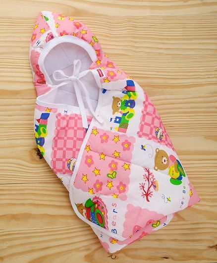 Babyhug Hooded Quilted Wrapper Happy Bear Print - Pink
