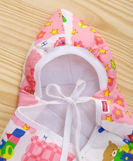 Babyhug Hooded Quilted Wrapper Happy Bear Print - Pink