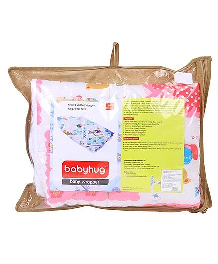 Babyhug Hooded Quilted Wrapper Happy Bear Print - Pink