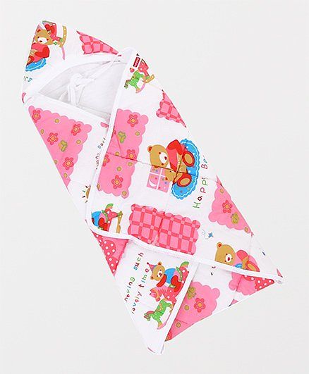Babyhug Hooded Quilted Wrapper Happy Bear Print - Pink