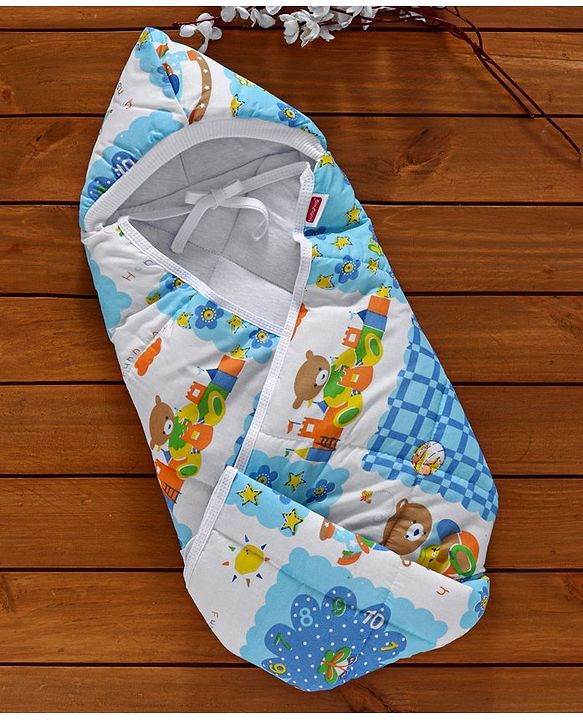 Babyhug Hooded Quilted Wrapper Happy Bear Print - Sky Blue