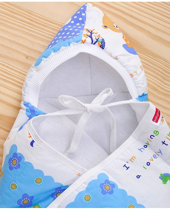 Babyhug Hooded Quilted Wrapper Happy Bear Print - Sky Blue