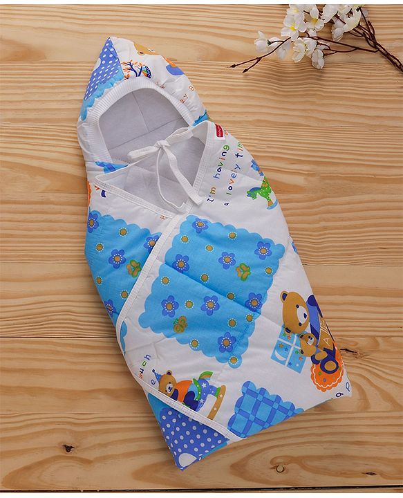 Babyhug Hooded Quilted Wrapper Happy Bear Print - Sky Blue