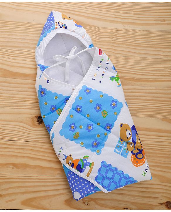 Babyhug Hooded Quilted Wrapper Happy Bear Print - Sky Blue