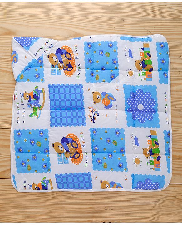 Babyhug Hooded Quilted Wrapper Happy Bear Print - Sky Blue