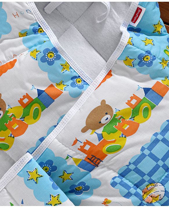 Babyhug Hooded Quilted Wrapper Happy Bear Print - Sky Blue