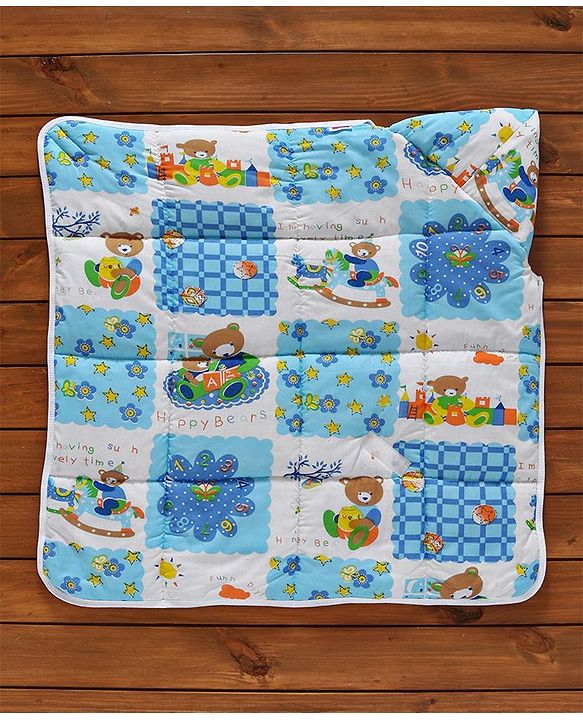 Babyhug Hooded Quilted Wrapper Happy Bear Print - Sky Blue