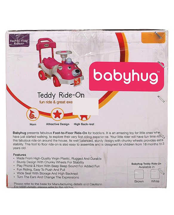Babyhug Teddy Foot To Floor Ride-On With Steering Wheel & High Backrest - White