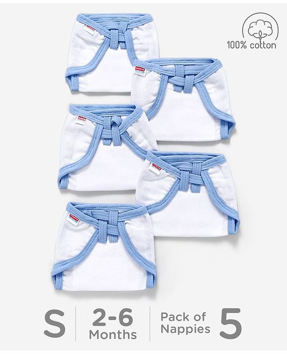 Babyhug 100% Cotton Nappy Set Small Pack Of 5 - Blue And White