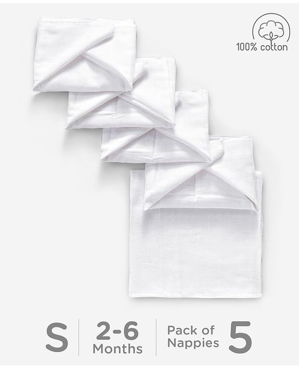 Babyhug Cotton Cloth Nappy Set of 5 Small - White