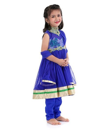 Babyhug Sleeveless Kurti Churidar With Dupatta - Blue