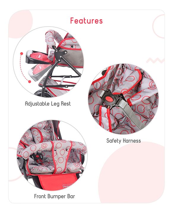 Babyhug Cosy Cosmo Stroller With Reversible Handle & Back Pocket - Bright Red