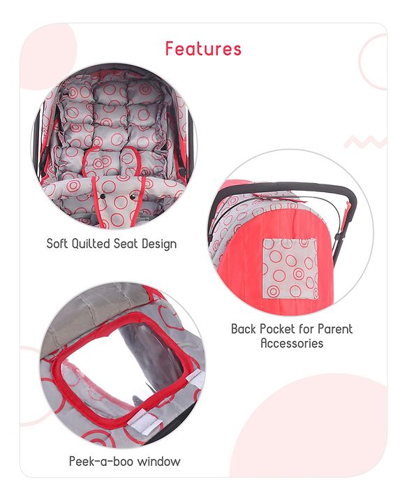 Babyhug Cosy Cosmo Stroller With Reversible Handle & Back Pocket - Bright Red