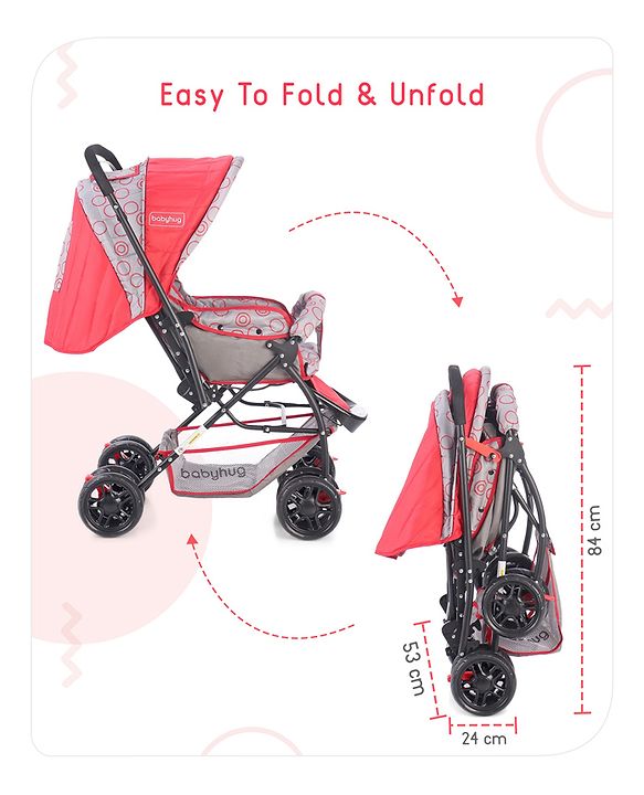 Babyhug Cosy Cosmo Stroller With Reversible Handle & Back Pocket - Bright Red