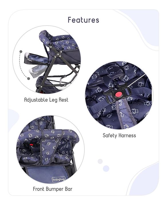 Babyhug Cocoon Stroller With Mosquito Net & Reversible Handle - Blue
