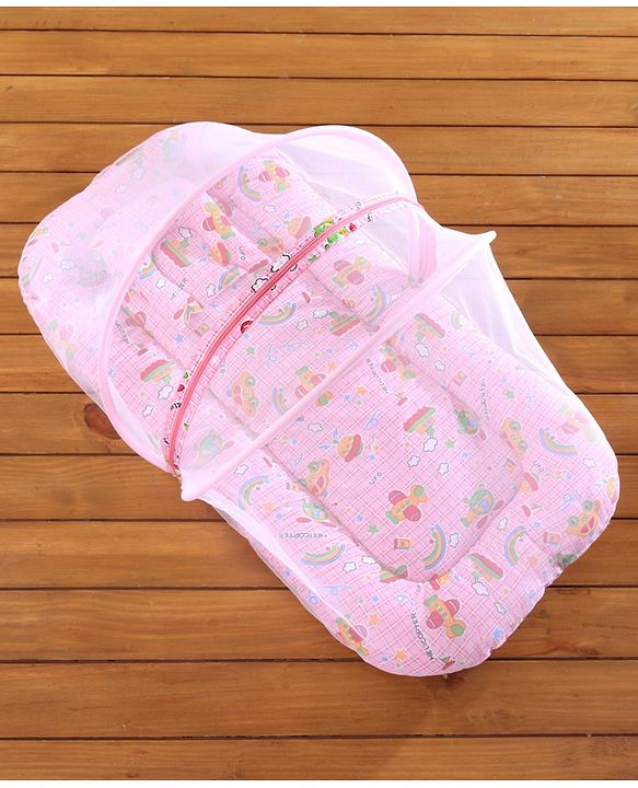 Babyhug Cotton Bedding Set With Center Zip Mosquito Net Transport In Star Print- Pink