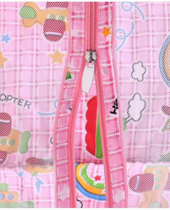 Babyhug Cotton Bedding Set With Center Zip Mosquito Net Transport In Star Print- Pink
