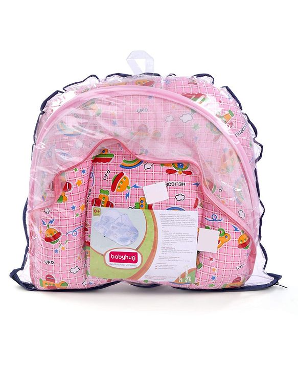 Babyhug Cotton Bedding Set With Center Zip Mosquito Net Transport In Star Print- Pink