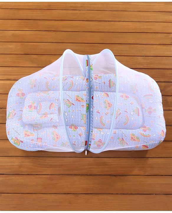 Babyhug Cotton Bedding Set With Center Zip Mosquito Net Transport In Star Print- Blue