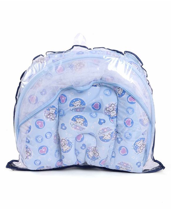 Babyhug Cotton Bedding Set with Center Zip Mosquito Net Heart Print- Blue