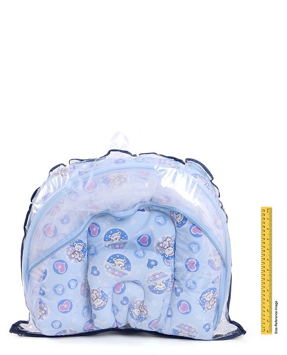 Babyhug Cotton Bedding Set with Center Zip Mosquito Net Heart Print- Blue