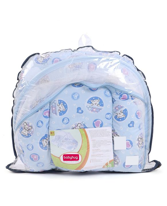 Babyhug Cotton Bedding Set with Center Zip Mosquito Net Heart Print- Blue