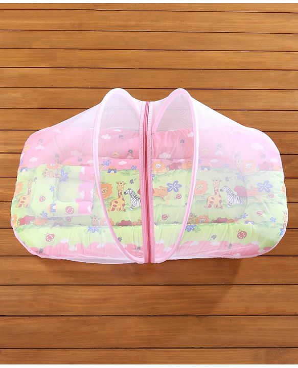 Babyhug Cotton Bedding Set with Center Zip Mosquito Net Animals With House Print- Pink