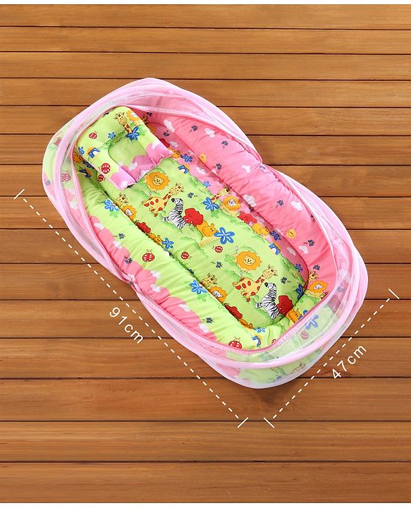 Babyhug Cotton Bedding Set with Center Zip Mosquito Net Animals With House Print- Pink