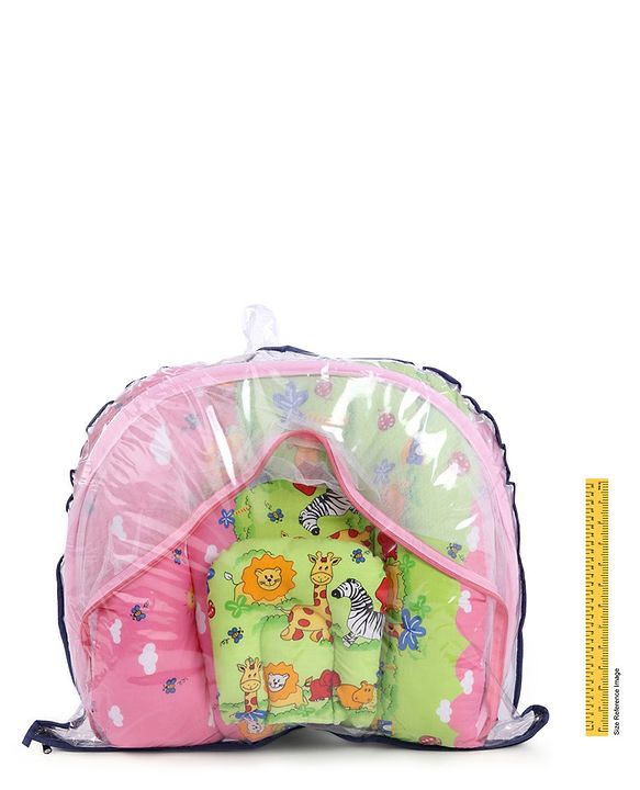Babyhug Cotton Bedding Set with Center Zip Mosquito Net Animals With House Print- Pink