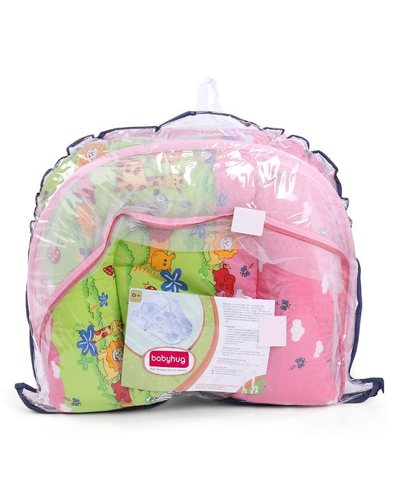 Babyhug Cotton Bedding Set with Center Zip Mosquito Net Animals With House Print- Pink