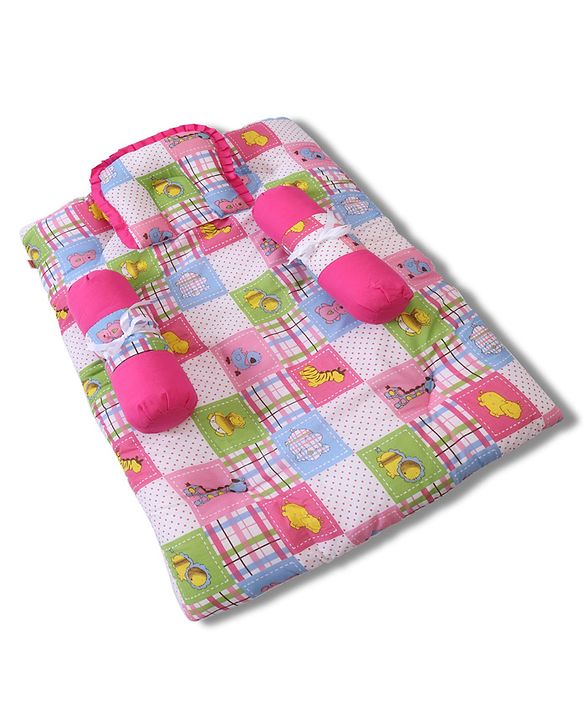 Babyhug Cotton Blend Baby Bedding Set With Animals In Checks Print-Pink