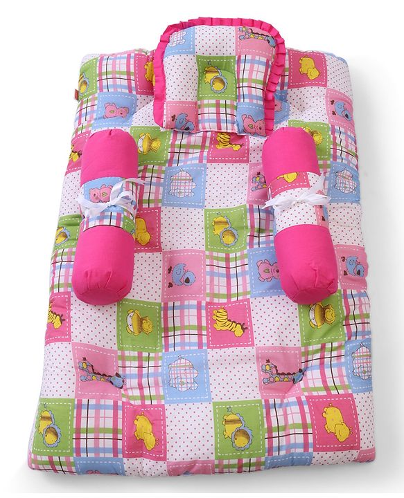 Babyhug Cotton Blend Baby Bedding Set With Animals In Checks Print-Pink