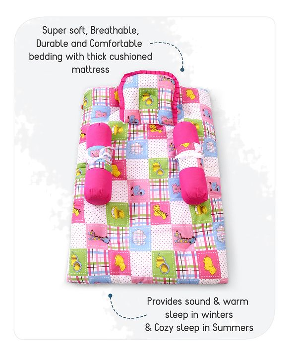 Babyhug Cotton Blend Baby Bedding Set With Animals In Checks Print-Pink