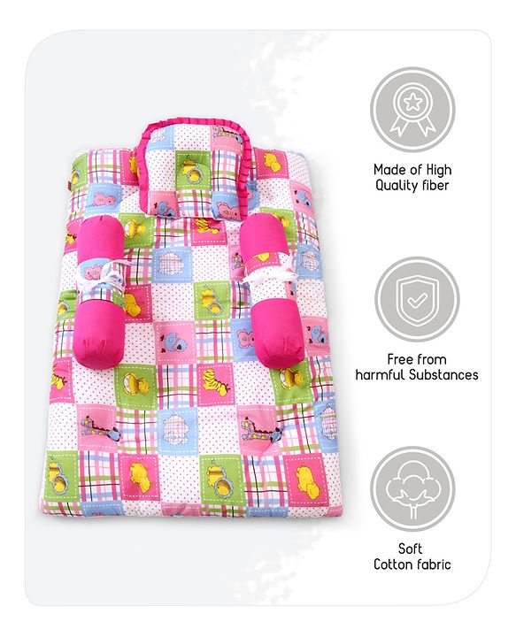 Babyhug Cotton Blend Baby Bedding Set With Animals In Checks Print-Pink
