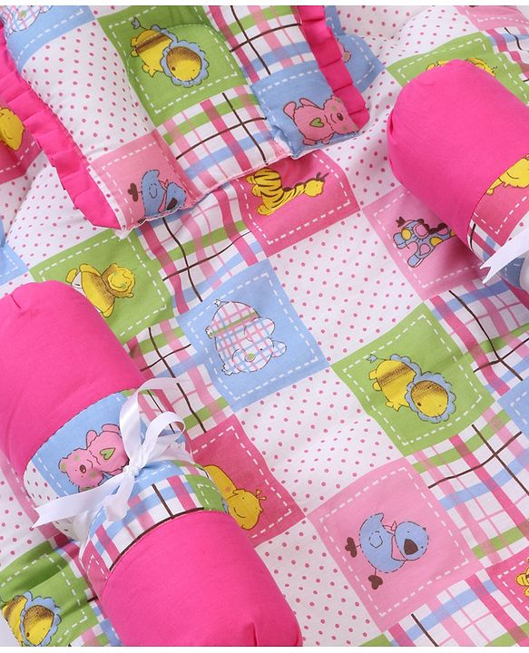 Babyhug Cotton Blend Baby Bedding Set With Animals In Checks Print-Pink