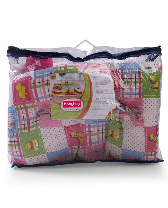 Babyhug Cotton Blend Baby Bedding Set With Animals In Checks Print-Pink