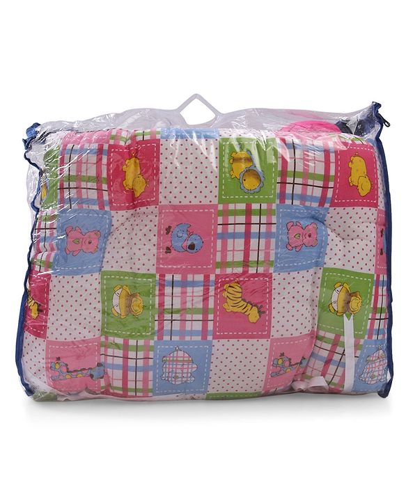 Babyhug Cotton Blend Baby Bedding Set With Animals In Checks Print-Pink