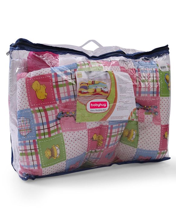 Babyhug Cotton Blend Baby Bedding Set With Animals In Checks Print-Pink
