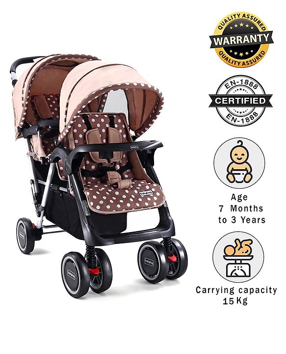 Babyhug Twinster Easy Foldable Twin Stroller with Adjustable Legrest - Coffee Brown