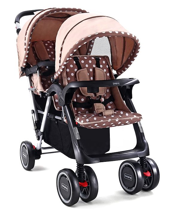 Babyhug Twinster Easy Foldable Twin Stroller with Adjustable Legrest - Coffee Brown