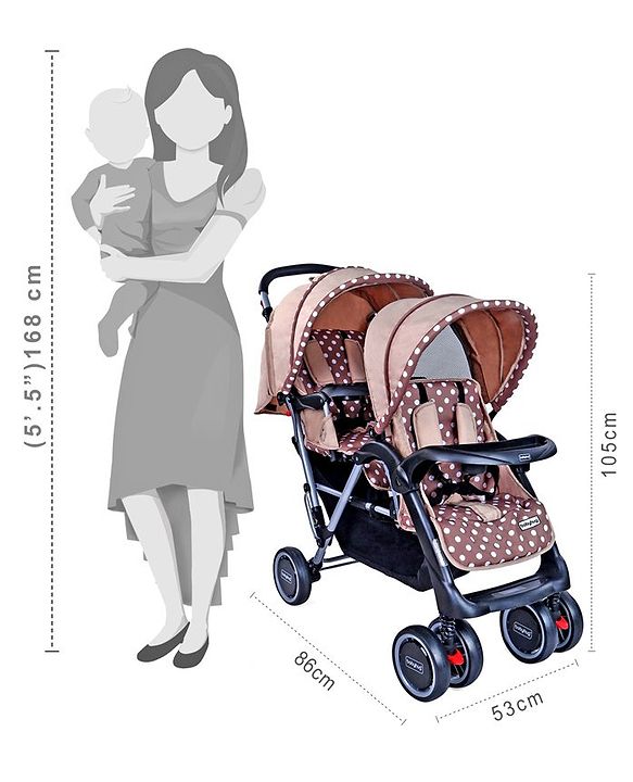 Babyhug Twinster Easy Foldable Twin Stroller with Adjustable Legrest - Coffee Brown