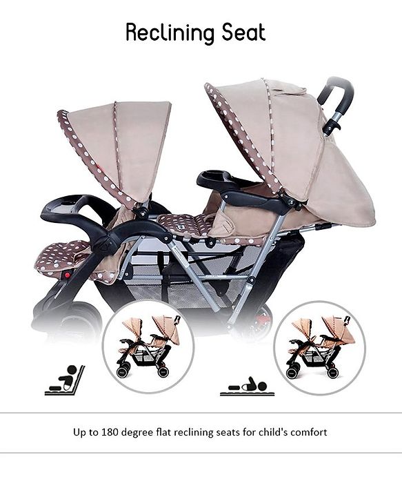 Babyhug Twinster Easy Foldable Twin Stroller with Adjustable Legrest - Coffee Brown