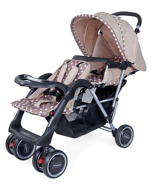 Babyhug Twinster Easy Foldable Twin Stroller with Adjustable Legrest - Coffee Brown