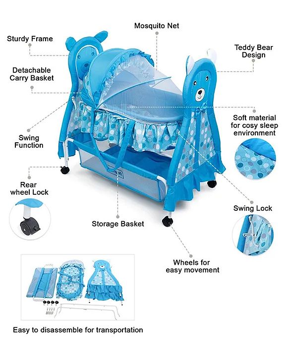 Babyhug Love Teddy Print Bassinet with Swing Lock Function and Detachable Inner Storage Basket  Blue| Storage Basket| Wheels with Lock| Mosquito Net
