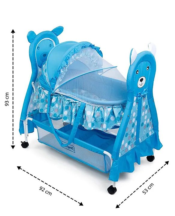 Babyhug Love Teddy Print Bassinet with Swing Lock Function and Detachable Inner Storage Basket  Blue| Storage Basket| Wheels with Lock| Mosquito Net