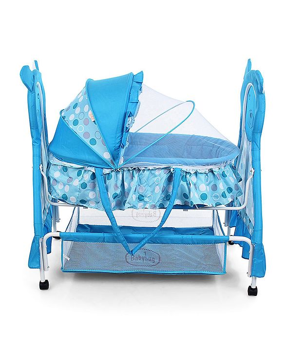 Babyhug Love Teddy Print Bassinet with Swing Lock Function and Detachable Inner Storage Basket  Blue| Storage Basket| Wheels with Lock| Mosquito Net