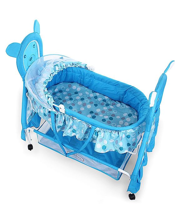 Babyhug Love Teddy Print Bassinet with Swing Lock Function and Detachable Inner Storage Basket  Blue| Storage Basket| Wheels with Lock| Mosquito Net