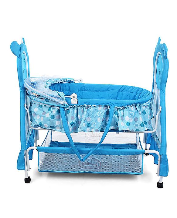 Babyhug Love Teddy Print Bassinet with Swing Lock Function and Detachable Inner Storage Basket  Blue| Storage Basket| Wheels with Lock| Mosquito Net