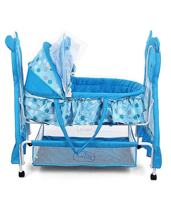 Babyhug Love Teddy Print Bassinet with Swing Lock Function and Detachable Inner Storage Basket  Blue| Storage Basket| Wheels with Lock| Mosquito Net