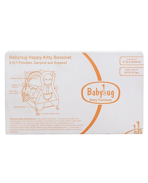 Babyhug Love Teddy Print Bassinet with Swing Lock Function and Detachable Inner Storage Basket  Blue| Storage Basket| Wheels with Lock| Mosquito Net